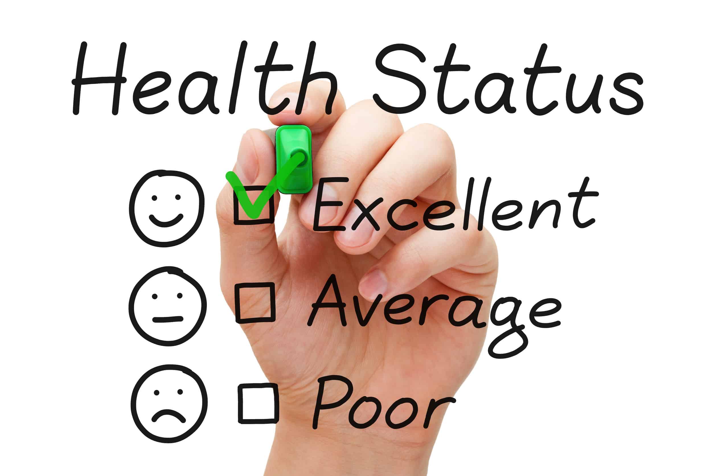 as an example of a list towards feeling your best, a hand check marks a selection of health status being excellent, as opposed to average or poor.
